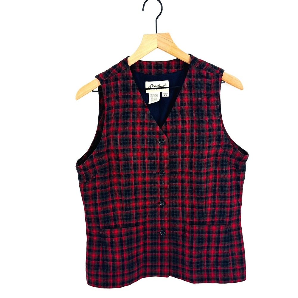 Vintage Eddie Bauer 100%‎ Wool Red Plaid Vest Made in USA Heritage Cabin Medium